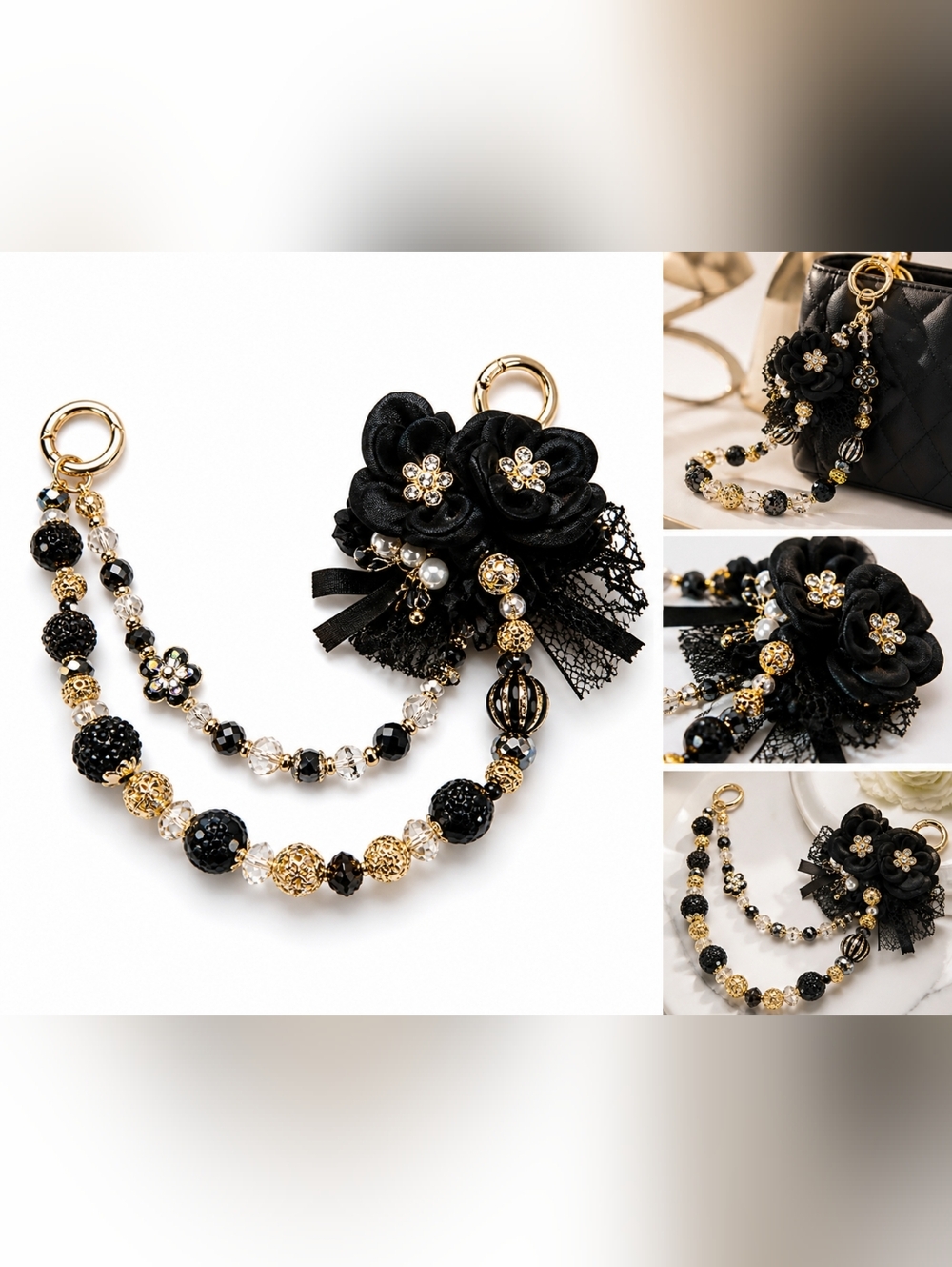 Black & Gold Floral Bag Charm | Crystal Beaded Purse Chain
